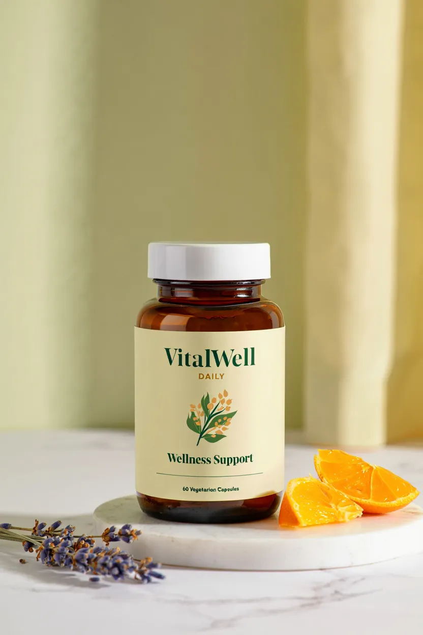 VitalWell Daily supplement bottle with natural ingredients for daily wellness support